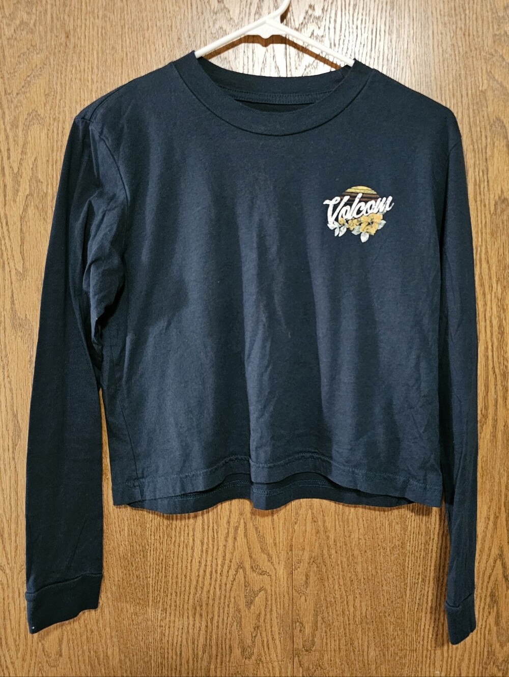 Volcom Black Long Sleeve Cropped Floral Logo Shirt